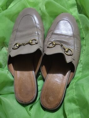 Gucci Taupe Leather Horsebit Mule Slides with Gold Hardware